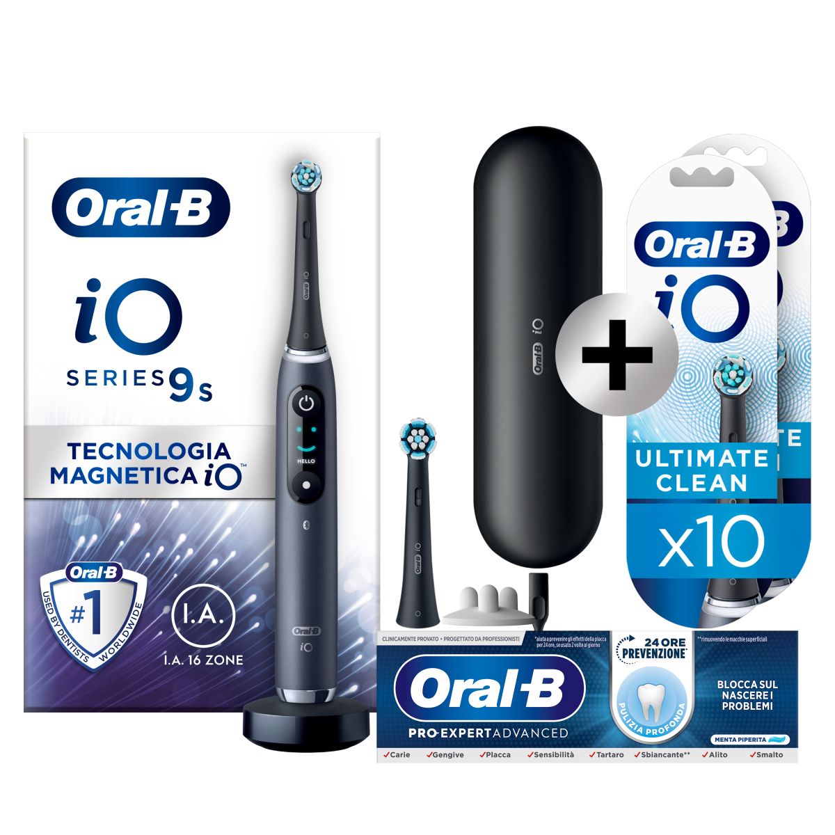Oral-B Spazzolino Elettrico iO 9 Nero, 2 Testine, 1 Custodia Da Viaggio + Oral-B Dentifricio Pro-Expert Advanced Pulizia Profonda (Prevenzione Per 24 Ore) + Oral-B iO Testine Ultimate Clean Nere, Confezione da 10 Pezzi