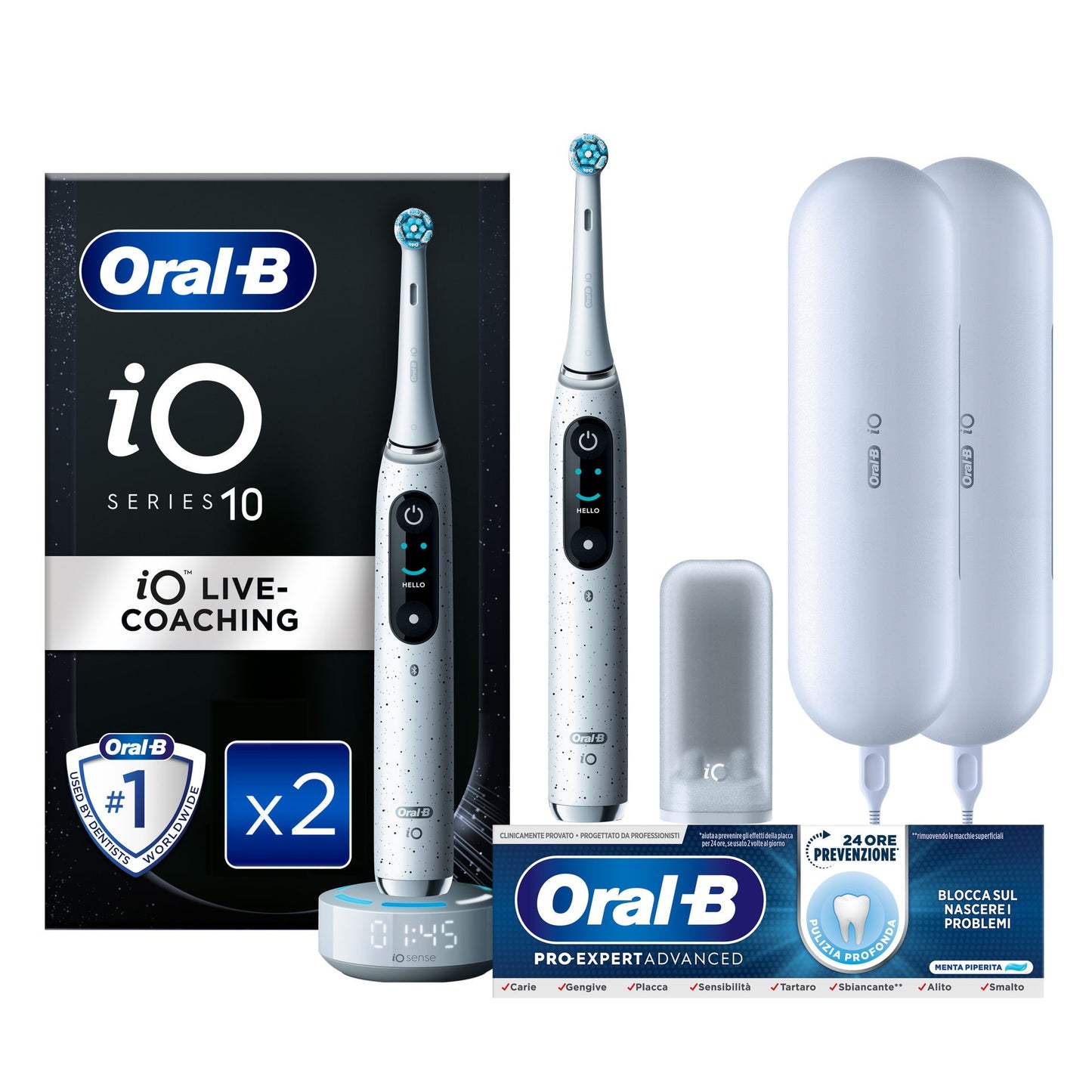 Oral-B Spazzolino Elettrico Duo Pack iO 10 Bianco, 4 Testine, 2 Custodie Da Viaggio + Oral-B Dentifricio Pro-Expert Advanced Pulizia Profonda (Prevenzione Per 24 Ore)