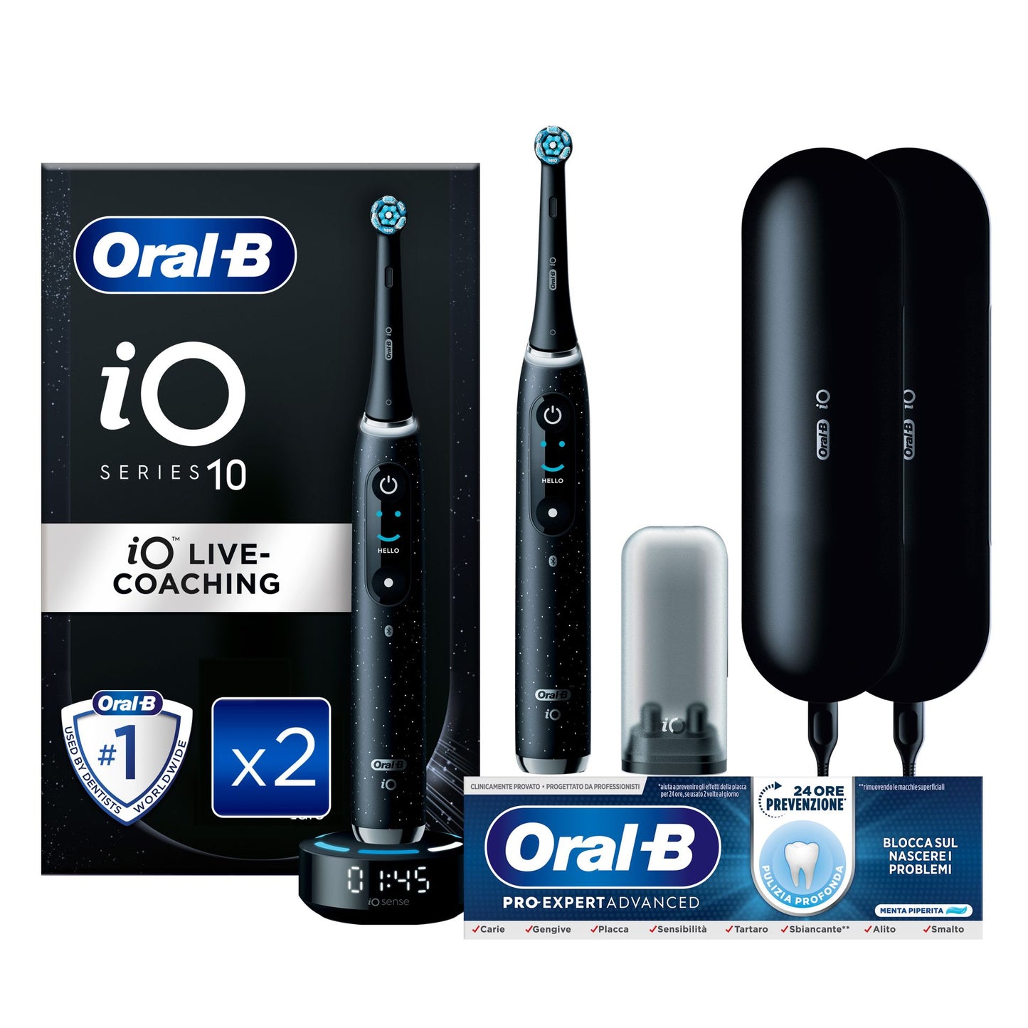 Oral-B Spazzolino Elettrico Duo Pack iO 10 Nero, 4 Testine, 2 Custodie Da Viaggio + Oral-B Dentifricio Pro-Expert Advanced Pulizia Profonda (Prevenzione Per 24 Ore)