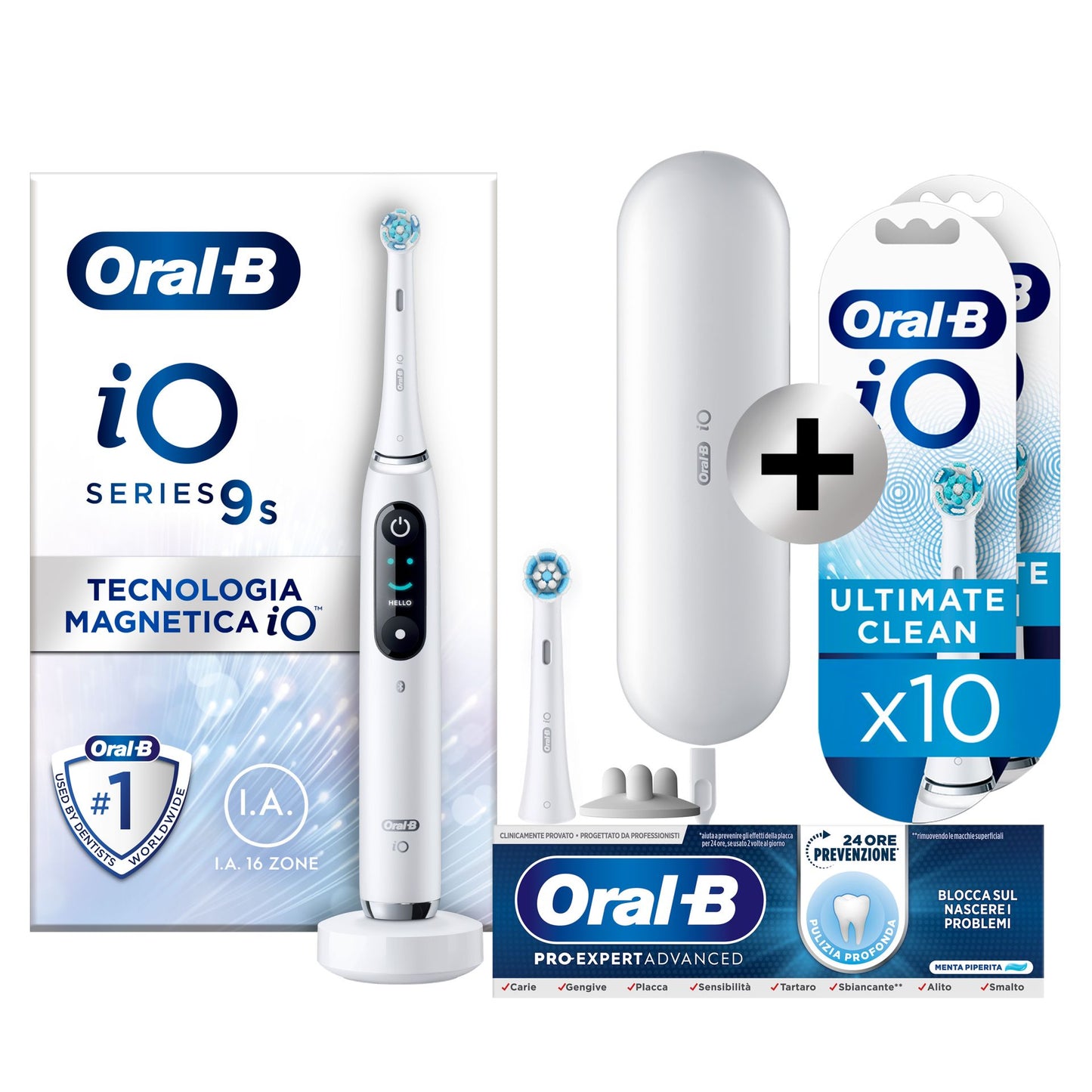 Oral-B iO 9 Electric Toothbrush White, 2 Heads, 1 Travel Case + Oral-B Pro-Expert Advanced Deep Clean Toothpaste (24-Hour Prevention) + Oral-B iO Ultimate Clean Heads White, Pack of 10