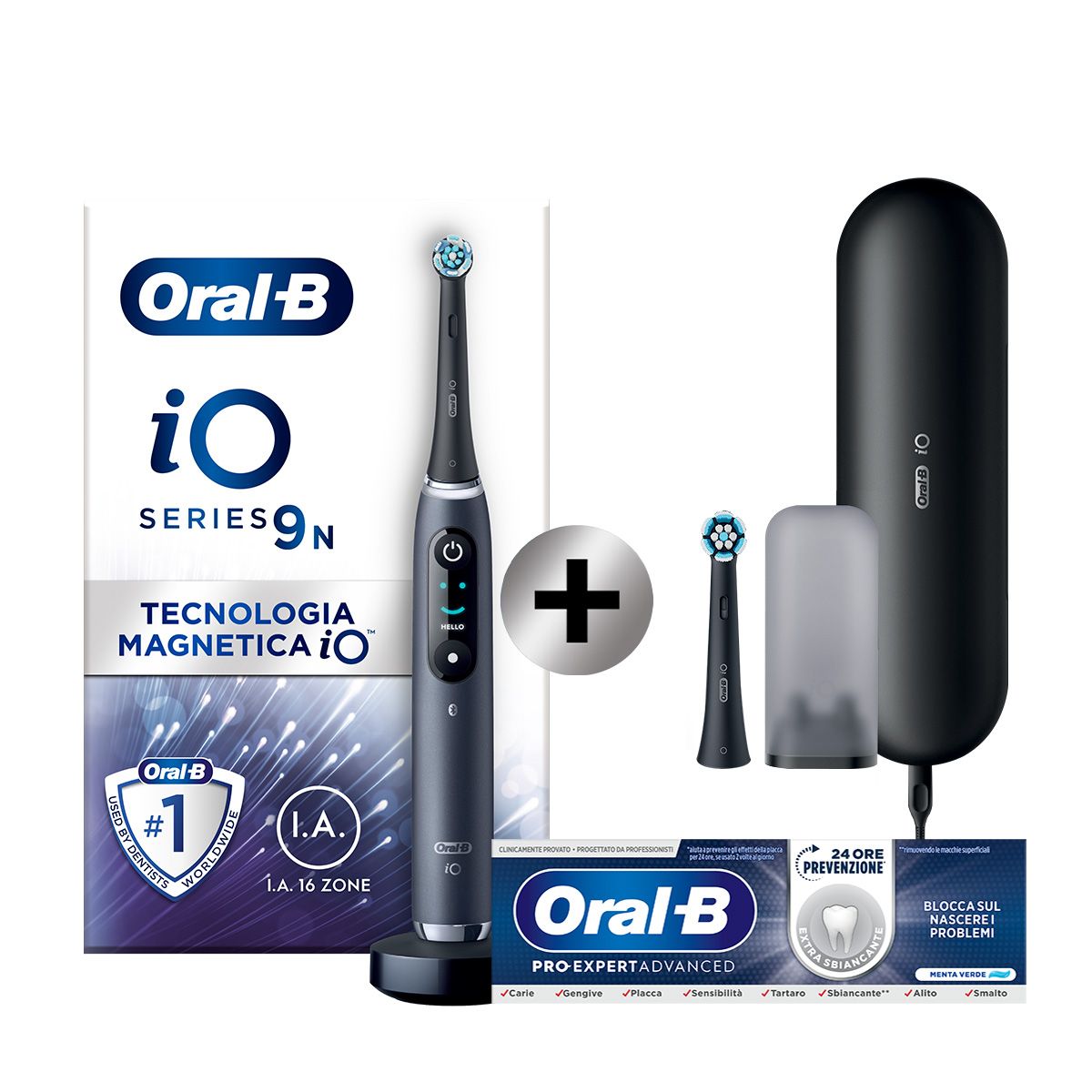 Oral-B iO 9S Electric Toothbrush Black, 2 Heads, 1 Travel Case + Oral-B Pro-Expert Advanced Extra Whitening Toothpaste (24 Hour Prevention)