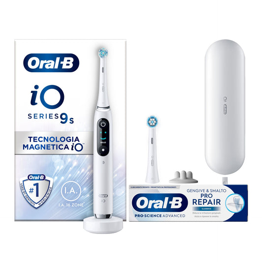 Oral-B Spazzolino Elettrico iO 9S Bianco, 2 Testine, 1 Custodia Da Viaggio + Oral-B Dentifricio Pro-Science Advanced Pro-Repair Gengive & Smalto Classico