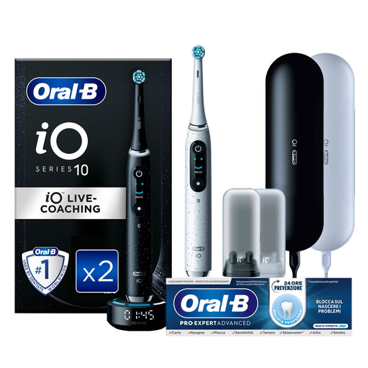 Oral-B Spazzolino Elettrico Duo Pack iO 10 Nero & Bianco, 2 Testine, 2 Custodie Da Viaggio + Oral-B Dentifricio Pro-Expert Advanced Pulizia Profonda (Prevenzione Per 24 Ore)