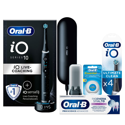 Igiene Orale Completa: Oral-B Spazzolino Elettrico iO 10 Nero + Oral-B iO Testine Ultimate Clean Nere 4pz + Oral-B Dentifricio Pro-Science Advanced Rigenera Smalto + Oral-B Filo Interdentale Essential 50 Metri