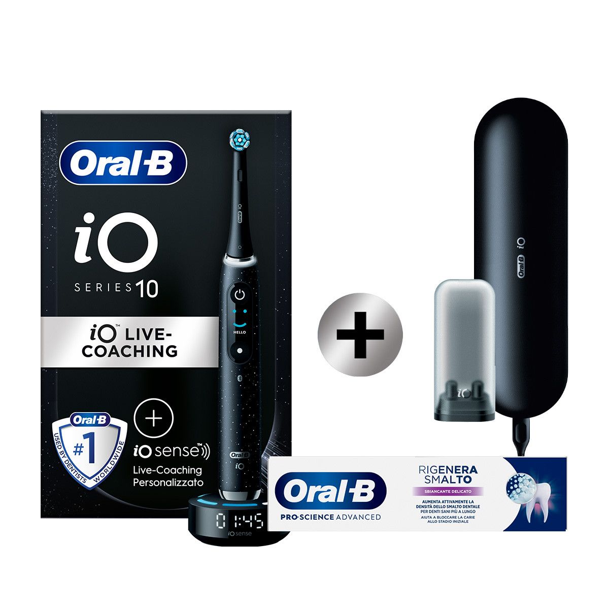 Oral-B iO 10 Electric Toothbrush Black, 1 Head, 1 Travel Case + Oral-B Pro-Science Advanced Toothpaste Regenerates Gentle Whitening Enamel