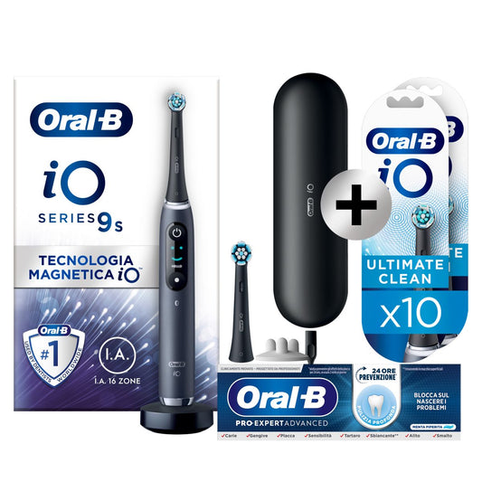 Oral-B Spazzolino Elettrico iO 9 Nero, 2 Testine, 1 Custodia Da Viaggio + Oral-B Dentifricio Pro-Expert Advanced Pulizia Profonda (Prevenzione Per 24 Ore) + Oral-B iO Testine Ultimate Clean Nere, Confezione da 10 Pezzi