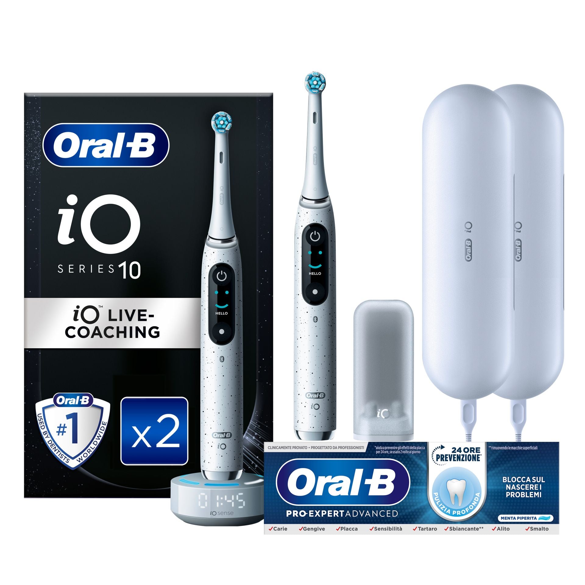 Oral-B Spazzolino Elettrico Duo Pack iO 10 Bianco, 4 Testine, 2 Custodie Da Viaggio + Oral-B Dentifricio Pro-Expert Advanced Pulizia Profonda (Prevenzione Per 24 Ore)