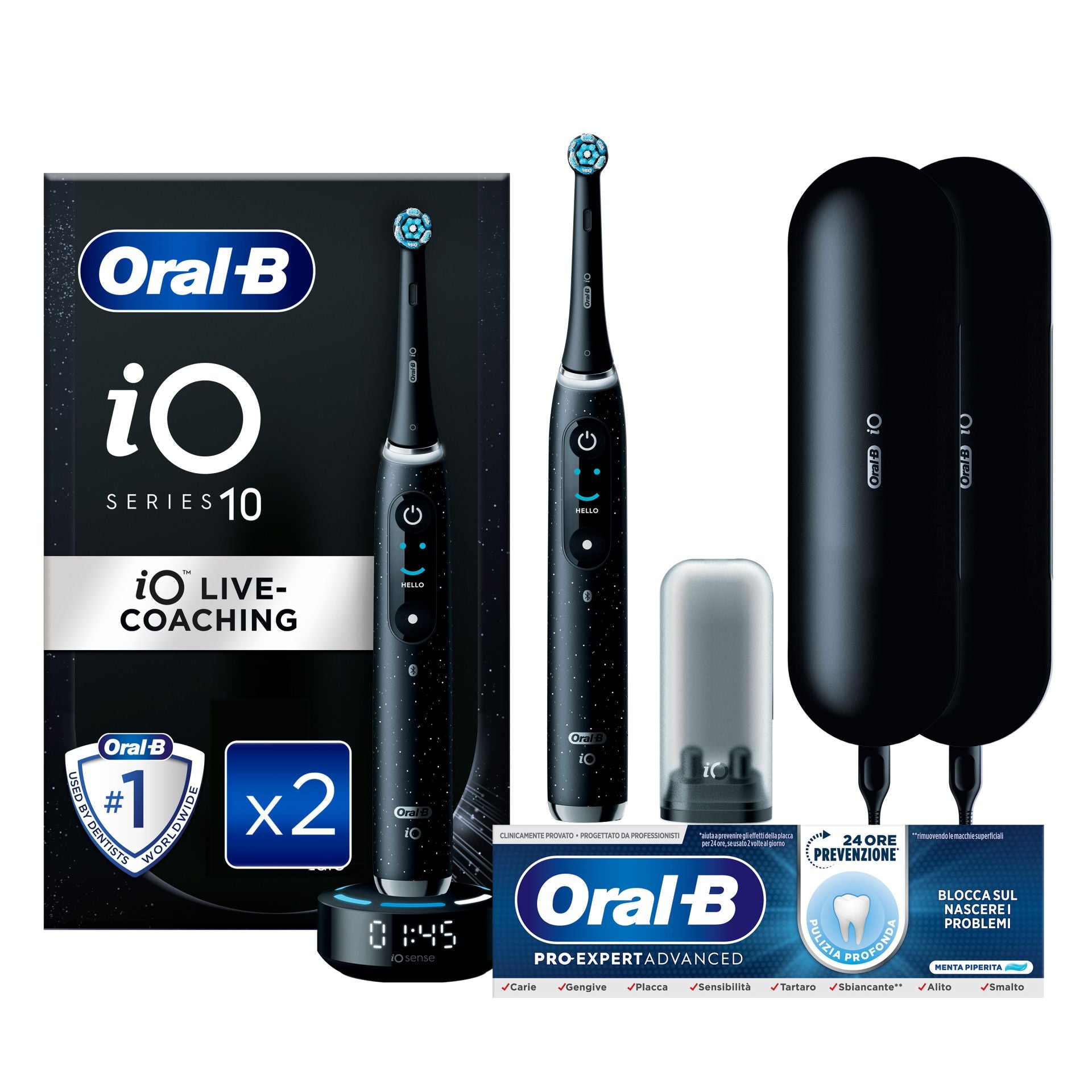 Oral-B Spazzolino Elettrico Duo Pack iO 10 Nero, 4 Testine, 2 Custodie Da Viaggio + Oral-B Dentifricio Pro-Expert Advanced Pulizia Profonda (Prevenzione Per 24 Ore)