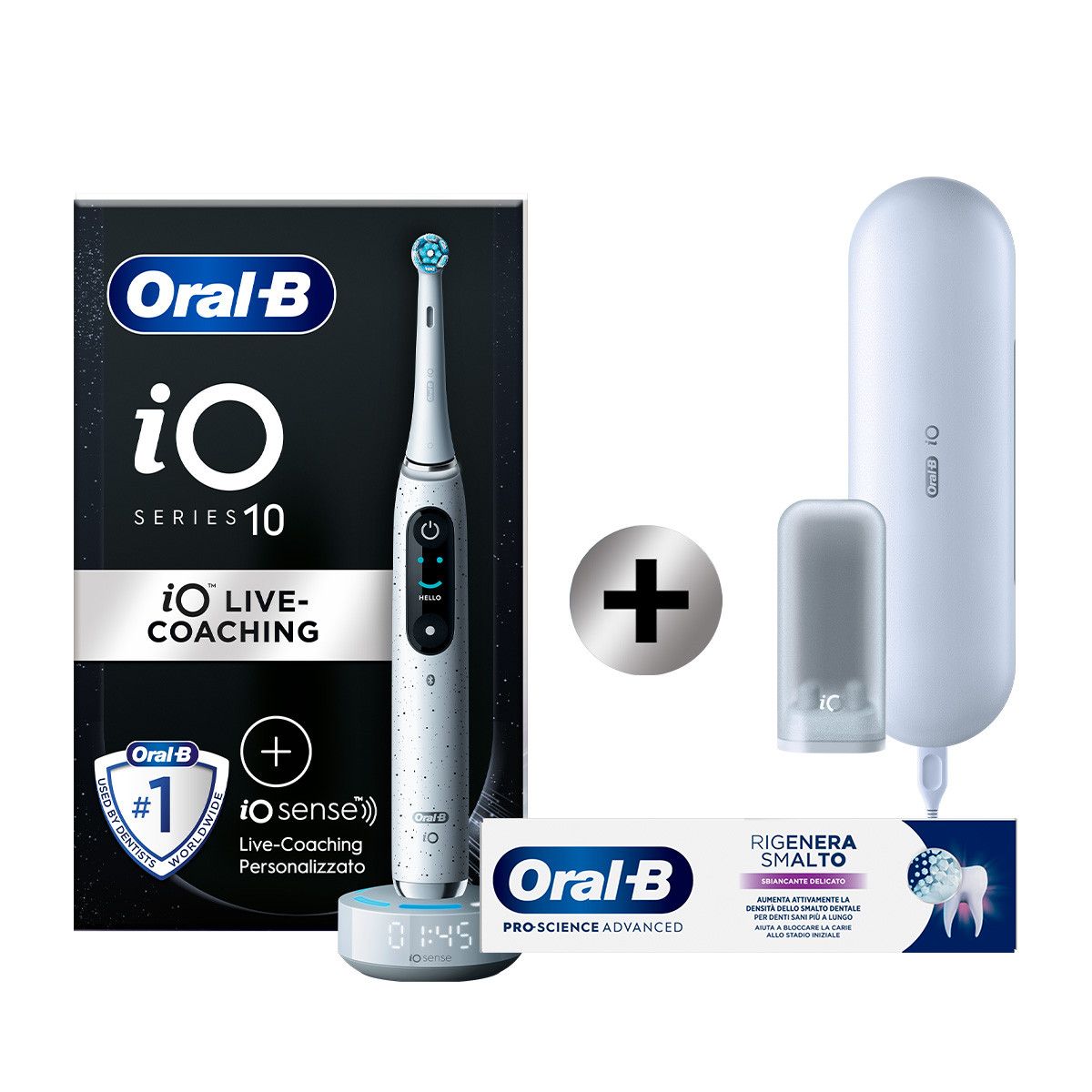 Oral-B iO 10 Electric Toothbrush White, 1 Head, 1 Travel Case + Oral-B Pro-Science Advanced Toothpaste Regenerates Enamel Whitening Gentle